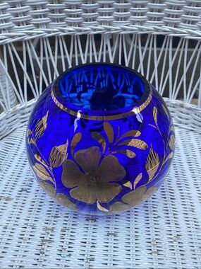 Cobalt Blue Glass Floral Bowl with Gold Accents